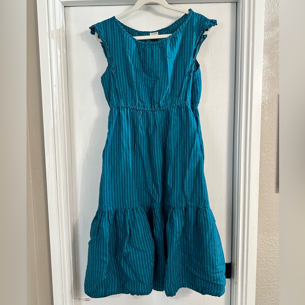 Sleeveless Teal Striped Midi Dress with Ruffle Hem